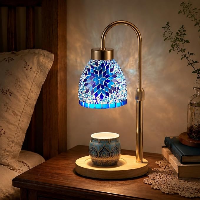 Baquler Turkish Candle Warmer Lamp with Timer Electric Dimmable Candle Warmer Turkish Table Lamp Adjustable Height Moroccan Decor Lighting for Women Birthday Gifts Bedroom Home Office Decor (Blue)
