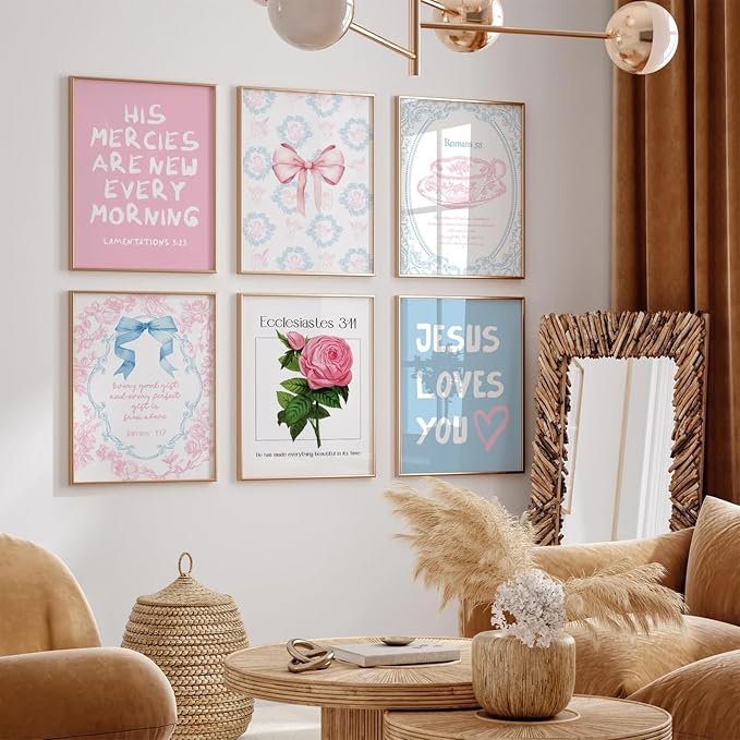 Christian Wall Art Decor Bible Verses Poster Girl Preppy Canvas Room Decor Pink Blue Scripture Wall Art Coquette Floral Bow Aesthetic Prints Trendy Artwork for Girl Bedroom 12x16x6 Inch Unframed
