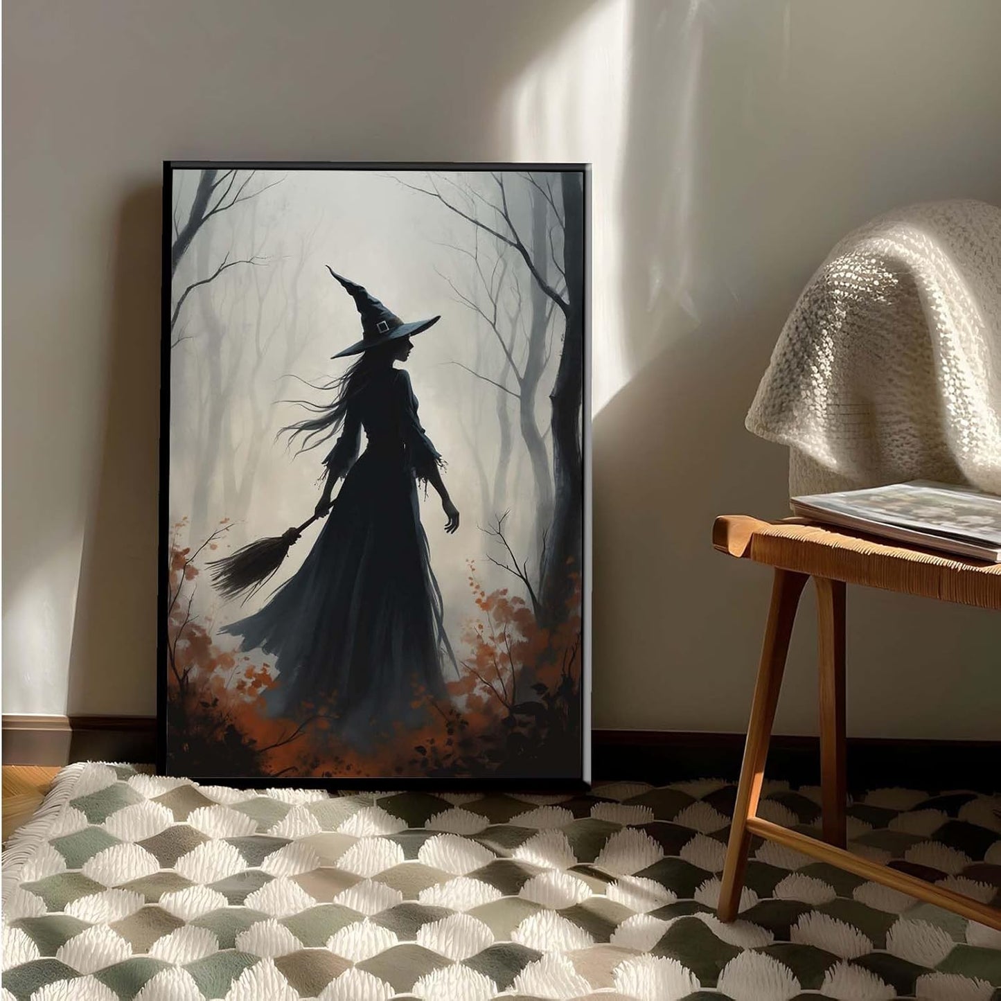 JFHCQJPK Vintage forest witch silhouette poster Halloween mural poster decoration mural art magic suitable for home living room bedroom16x24in Metal blackFramed