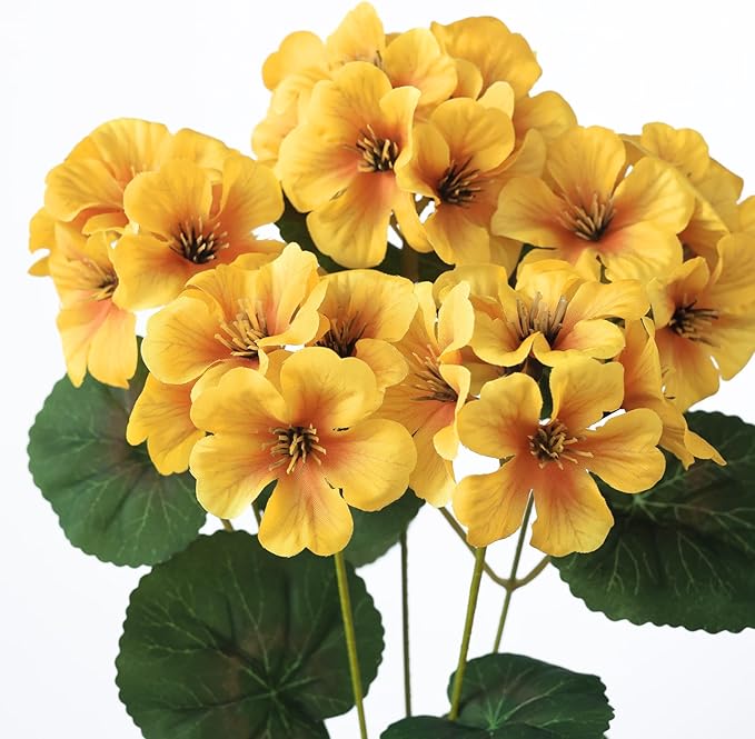 GLIDLION 24 Bundles Artificial Geranium Flowers for Spring Summer Decor, UV-Resistant Fake Plants Realistic Faux Silk Bouquets for Front Door Farmhouse Garden Porch Home Outdoor Decor (Yellow)