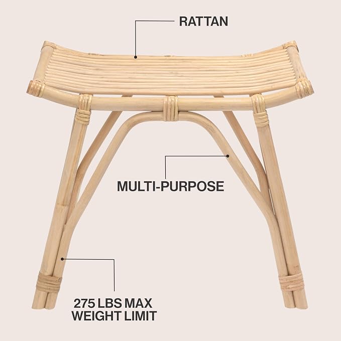 JONATHAN Y Gabriel 18" Handcrafted Rattan and Teak Wood Vanity Stool, Bohemian Backless Accent Ottoman Footstool, Natural Brown STL3005A