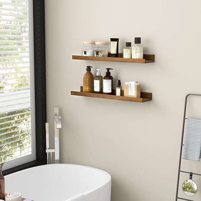 FLYJOE Picture Ledge Shelf for Wall, 24 inch Solid Ash Wood Nursery Book Shelves 2 Packs, Floating Shelves for Kids' Room Bedroom Bathroom Living Room Photo Frames Office Nursey Wall Decor, Walnut