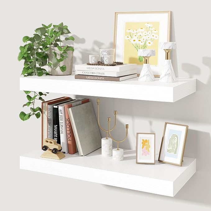 Axeman 24Inch Floating Shelves for Wall, 2 Pack Shelves for Bedroom, Bathroom, Kitchen, Hanging Wall Mounted Rustic Wood Shelf with Invisible Brackets for Books Decor, White