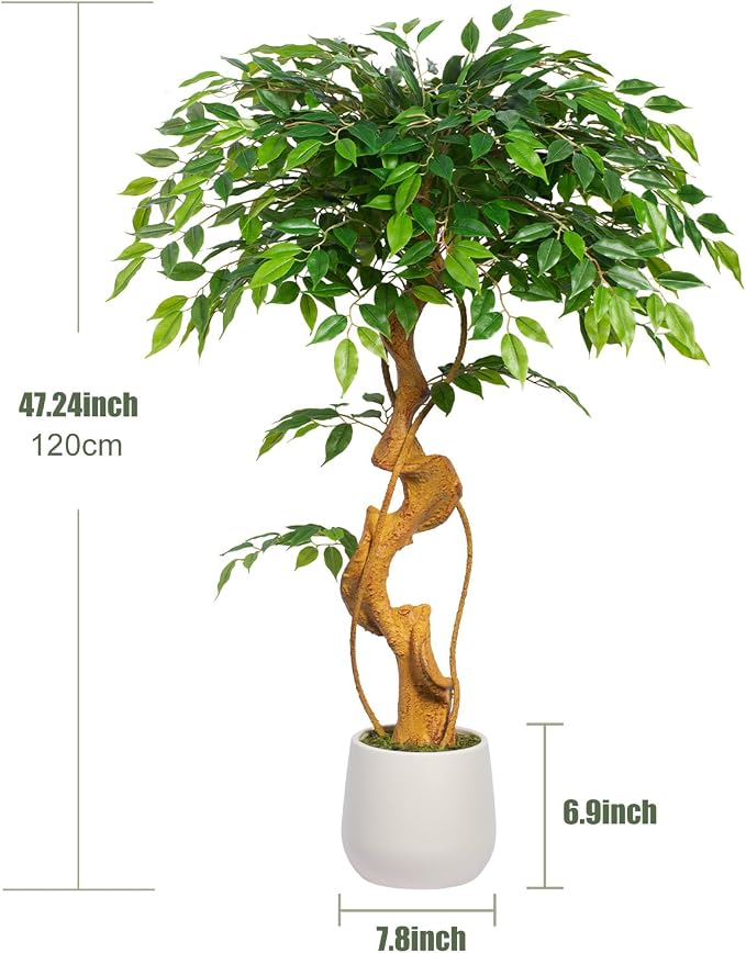 4FT Artificial Ficus Tree, 48in Fake Silk Tree with Curved Trunk & 930 Lush Leaves, Faux Floor Plant with White Pot, Low-Maintenance Decor for Home, Office, Patio