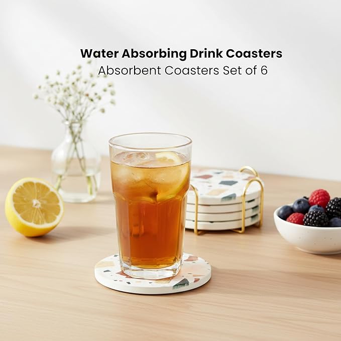 Absorbent Coaster Set of 6 with Holder, Drink Coasters for Coffee Table, Kitchen, Home Decor, Cute Ceramic Round Coasters, Alternative to Silicone, Cork or Glass Coaster (Terra)