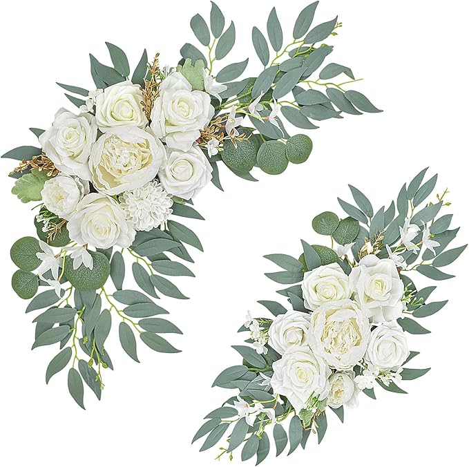Wedding Arch Faux Flowers Set of 2, Wedding Welcome Signs Greenery Garland Decoration for Ceremony, Reception, Backdrop (White)