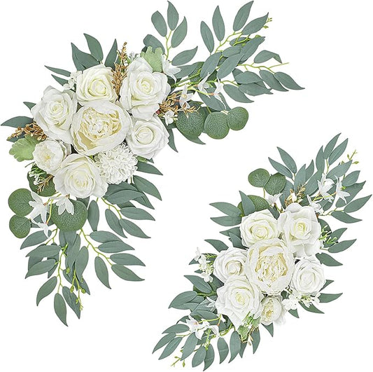 Wedding Arch Faux Flowers Set of 2, Wedding Welcome Signs Greenery Garland Decoration for Ceremony, Reception, Backdrop (White)