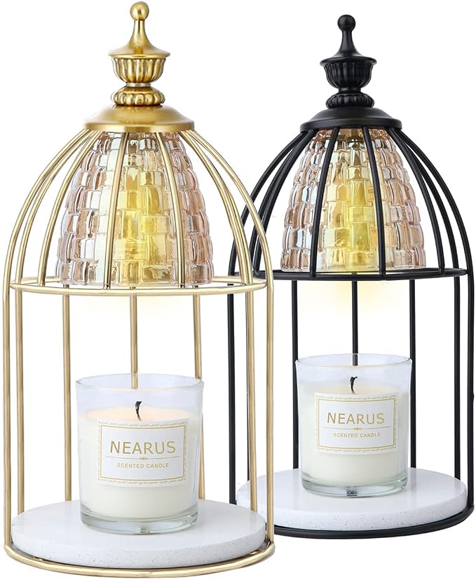 Candle Warmer Lamp, Auto Shut Off and Brightness Heat Level Control with Timer and Dimmable Switch, Top-Down Candle Melting with Marble Base and 2 Bulbs(Gold)