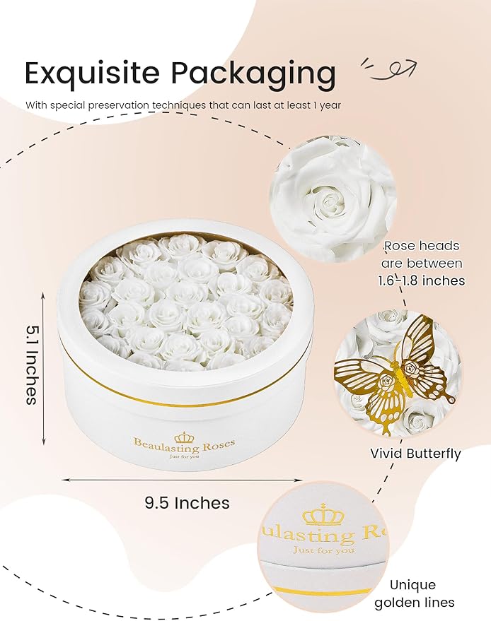 27 Preserved Roses Forever Flowers Real Roses in a Box Mother's Day Birthday Flowers for Her Mom Women Wife Valentine's Day, White Roses