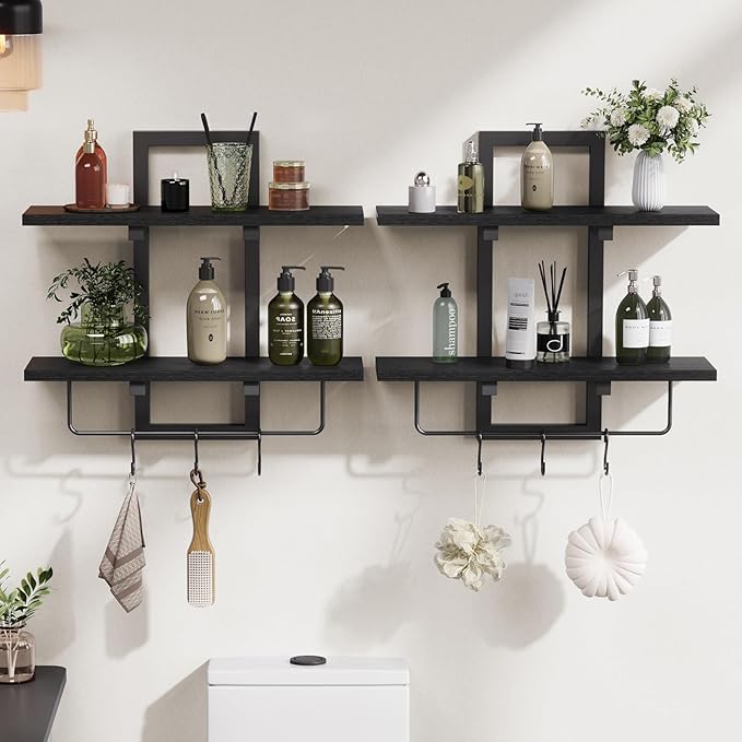 Creso hom Floating Shelves, 15" Wall Shelf Set of 2, Hanging Bathroom Shelves 2-Tier, Wall Mounted Storage Shelves, for Living Room Bedroom Bathroom Kitchen Office Coffee Bar, Black