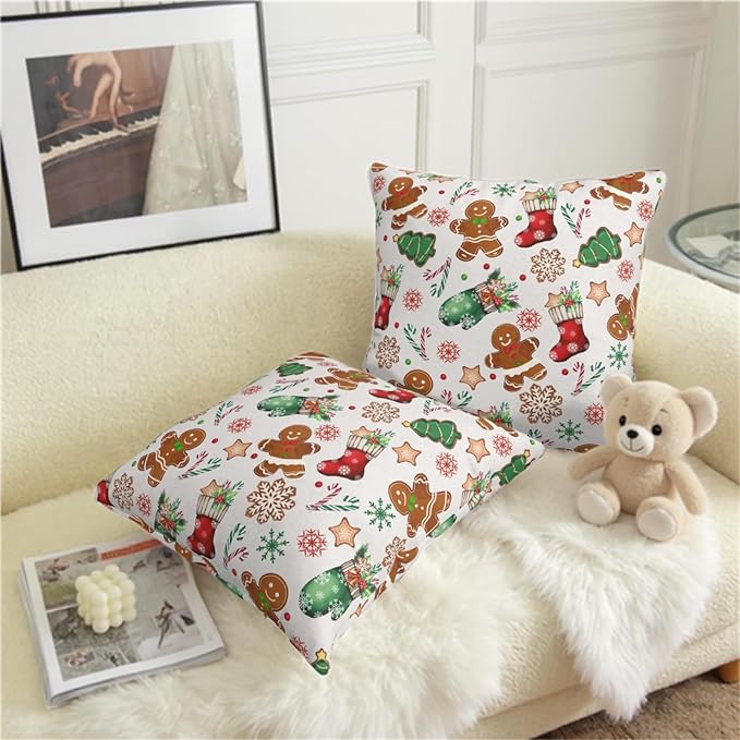 Christmas Pillow Covers 22x22 Set of 2 Gingerbread Man Throw Pillow Covers Xmas Tree Socks Gloves Snowflakes Pillow Case for Holiday Decor Couch Sofa