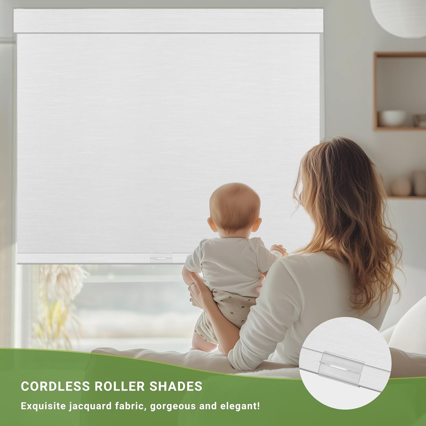Blackout Roller Shades for Indoor Windows, Cordless Jacquard Fabric-Matched Roller Blinds, Easy to Install Privacy UV Protection Roll Up Blinds for Home Office, Pure White, 35" W x 72" H