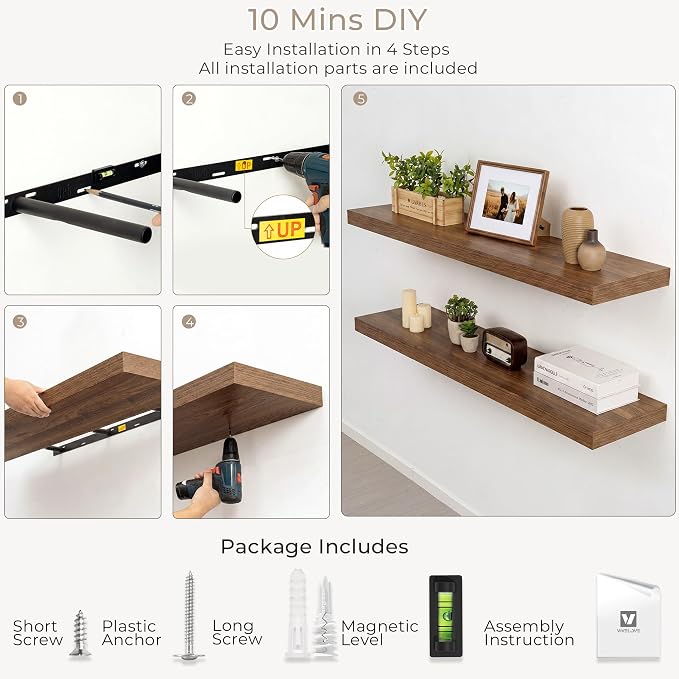 Vivelove Wall Floating Shelves for Display with Invisible Brackets, Long Large Floating Shelves Under TV Over Fireplace Bedroom Living Room Office, 55”X 8”X 1.4", Set of 2 - Walnut