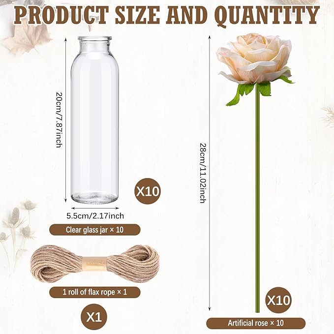 Qinyoung 10 Set Dried Pampas Grass Centerpiece for Wedding Baby Shower Party 10 Glass Flower Jars 10 Artificial Roses 80 Dried Pampas Grass with Rope for Rustic Bridal Farmhouse Decoration(Champagne)