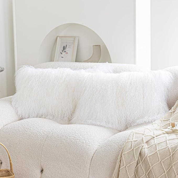 Real 100% Tibetan Mongolian Lamb Sheepskin Wool Fur Throw Pillow Covers Super Soft Plush Leather Accent Pillowcase Decorative Cushion Cover White 12x20 Inch Set of 2