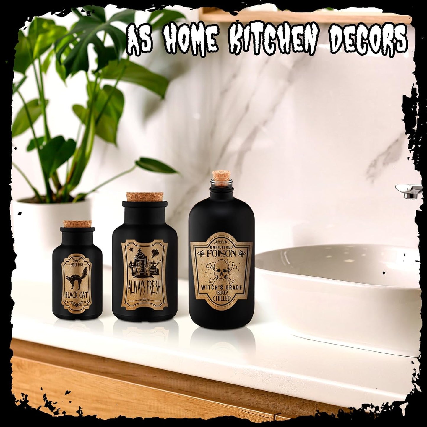 Umigy 3 Pcs Vintage Glass Potion Bottles with Cork Lid Black Halloween Tiered Tray Decoration 12 Apothecary Bottles Jars Stickers Labels Halloween Table Home Bathroom Decorations Indoor