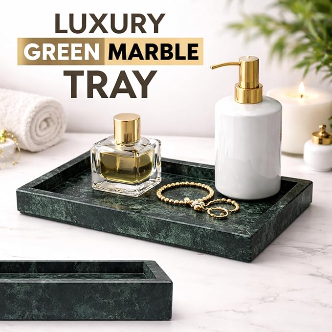 Natural Green Marble Tray, 12" x 8", Rectangular | Stone Organizer, For Bathroom, Kitchen, Vanity, Desktop, For Coffee Table, Dresser, Nightstand
