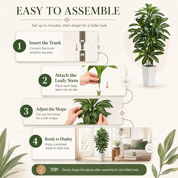 Artificial Dracaena Tree：5FT Faux Silk Tropical Yucca Floor Trees Realistic Fake Green Plant with Natural Wood Trunk & Lifelike Leaves for Home Office Decor Indoor & Outdoor (5FT,1-Pack,White)