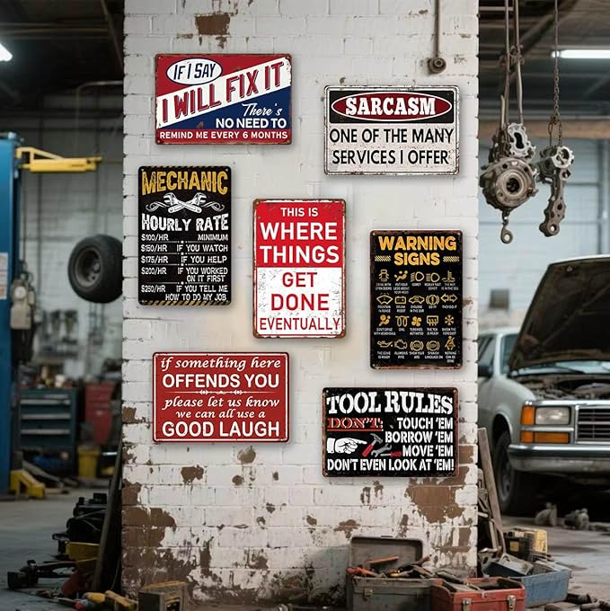 Funny Garage Metal Signs Vintage Man Cave Decor for Men - Retro Car Room Wall Art Posters, Mechanic Shop Signs & Mens Garage Gifts 7 Piece Set (8×12 Inch)