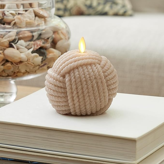 Luminara - Flameless Holiday Crystal Beads Glitter Sphere Candle - Timeless Taupe Rope Ball - Pack of 1-4x4.25 - Auto Timer Built-in 5-Hour Timer