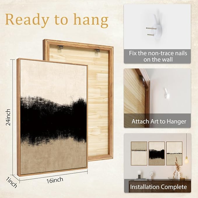 SIKERIC Large Abstract Textured Wall Art Set of 3, Minimalist Beige Framed Canvas Art Painting, Modern Textured Art Print, Neutral Paint Stroke Home Decor for Dining Room,Living Room, Office-16x24