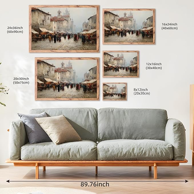 KBBYT Large Framed Wall Art Old Town Square Marketplace Scene Poster Canvas Print Vintage Painting Antiques Pictures Wall Decor for Living Room Apartment Office Home Decoration 24x36inch Wood Framed