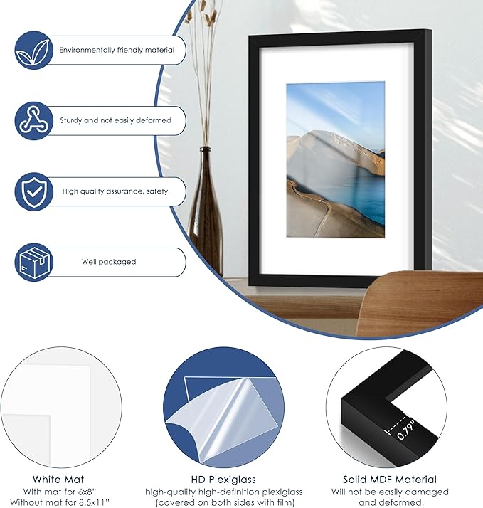 PEALSN 12x16 Picture Frame Set of 6, Display Pictures 8.5 x 11 with Mat or 12 x 16 without Mat for Wall Mounting Display, Photo Frames Collage for Wall Decor, Black.