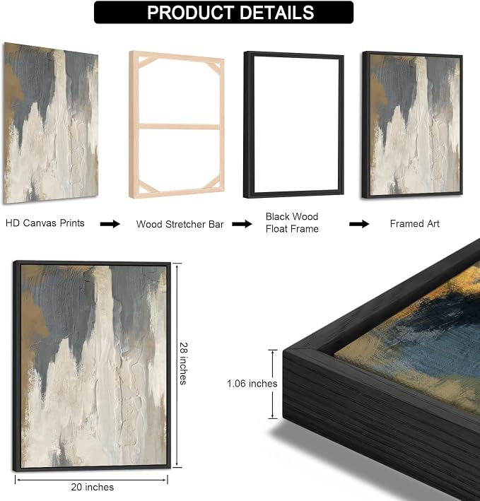 ASDCEUTICALS Large Canvas Wall Art - Gray Brown and Beige Abstract Pictures for Living Room Vintage Wall Decor Retro Artwork Black Float Framed Paintings for Bedroom Dinning Room 20" X 28" X 3 pcs