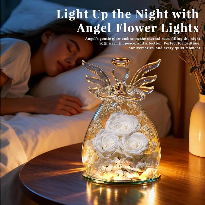 Beferr Mothers Day Mom Birthday Gifts for Women, Fresh Flowers for Delivery Forever Preserved Rose in Glass Angel Figurine, Anniversary Christian Real Rose for Grandma Nana Wife Mum from Daughter Son