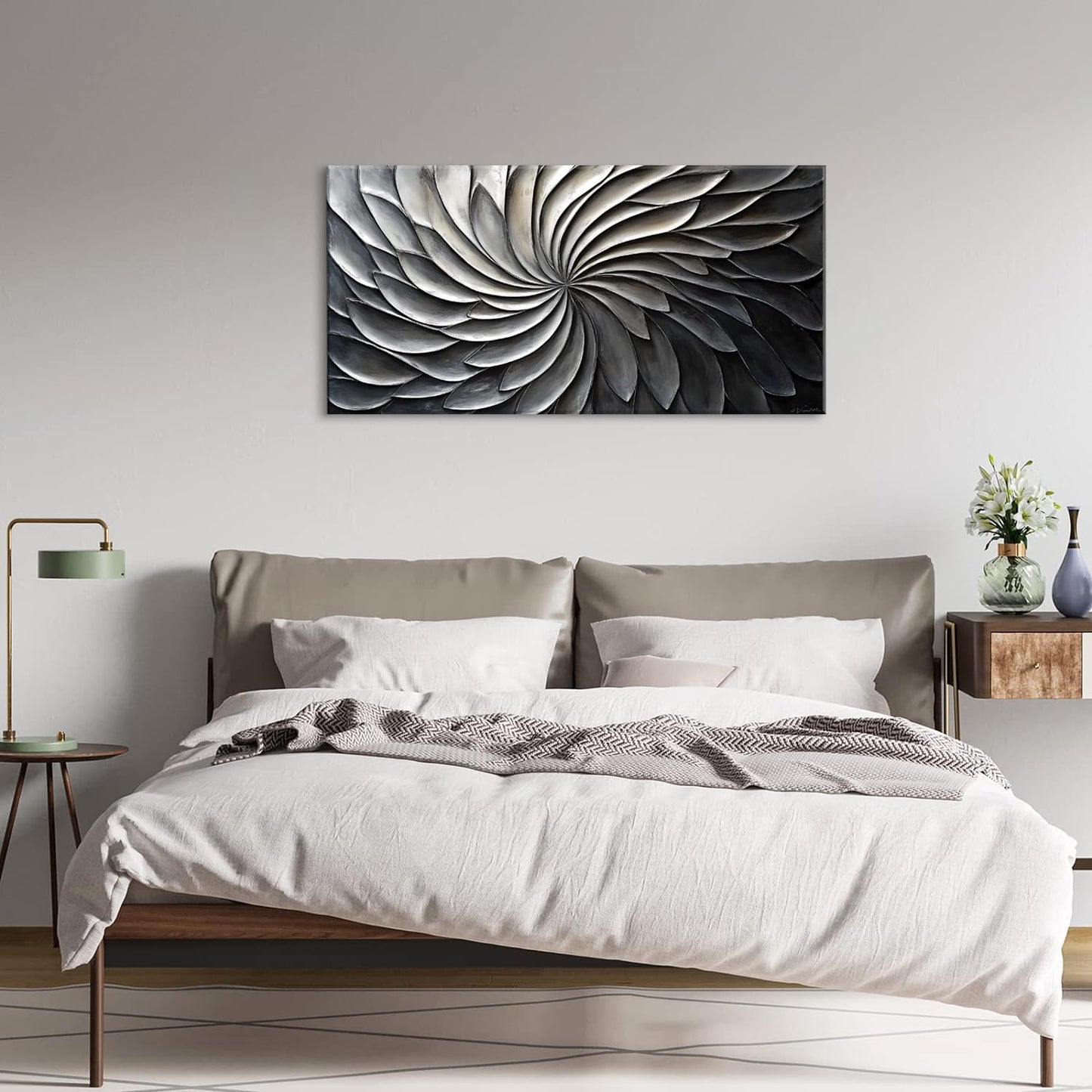 LASMOND Abstract Black and White Wall Art for Living Room Modern Canvas Print Painting Lines Flower Floral Large Artwork Bedroom Home Office Wall Décor (30x16 Inches)