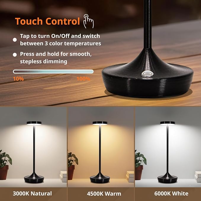 Cordless Table Lamp Rechargeable - 6000mAh LED Battery Operated Table Light - Portable Touch Dimmable Outdoor Waterproof Table Lamps for Patio Restaurant Dining (Black)