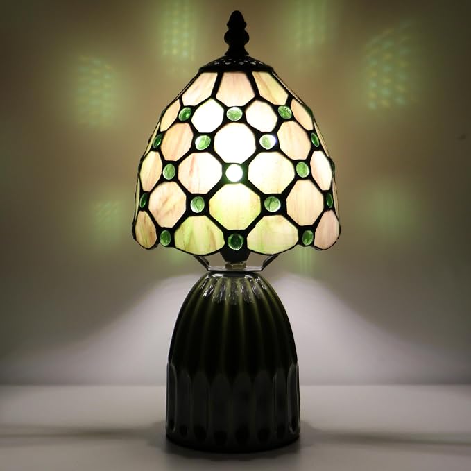 Tiffany Stained Glass Mushroom Table Lamp 12.5 Inch -Amber Pearl | Tiffany Lamp,6X6X12.5 Inch,Small Night Light,Ceramic Base, Mini Accent Light Suitable,Bedside,Bedroom, Children Room,Antique