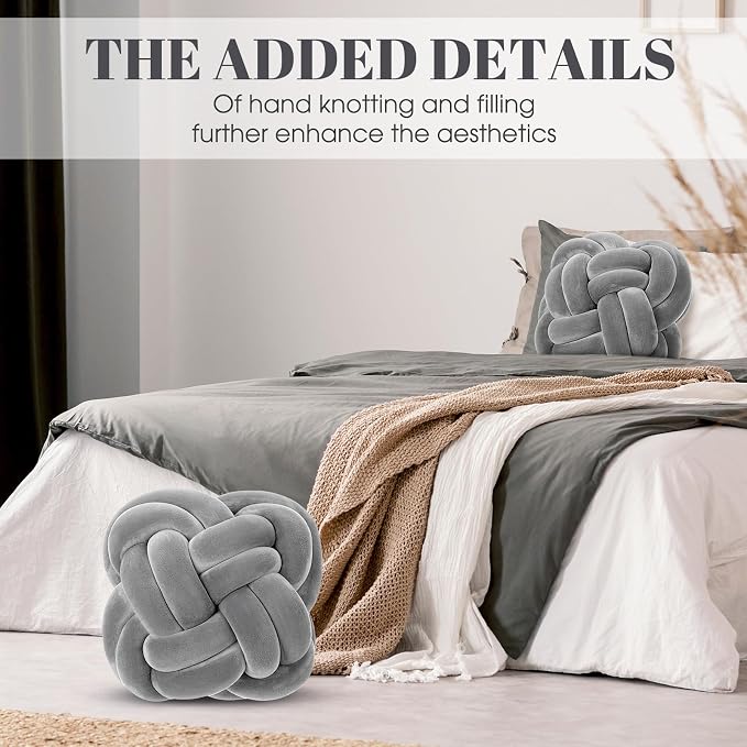 Beeveer 2 Pcs Knot Pillow Balls Set, 12 Inch Soft Decorative Throw Knot Pillow Ball, Large Square Knotted Floor Cushion for Living Room Bedroom Sofa Couch Bed Home Decoration(Light Gray)