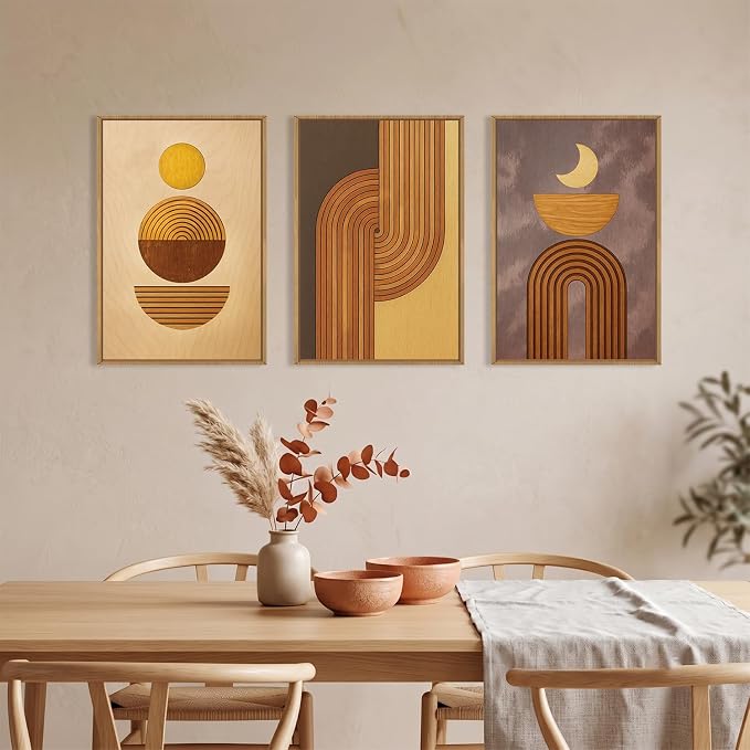 Large Boho Woodcut Framed Canvas Wall Art,Mid Century Modern Wall Decor,Abstract Geometric Brown Art Prints,Bohemian Sun and Moon Artwork for Living Room,Bedroom,Office -16"x24"x3