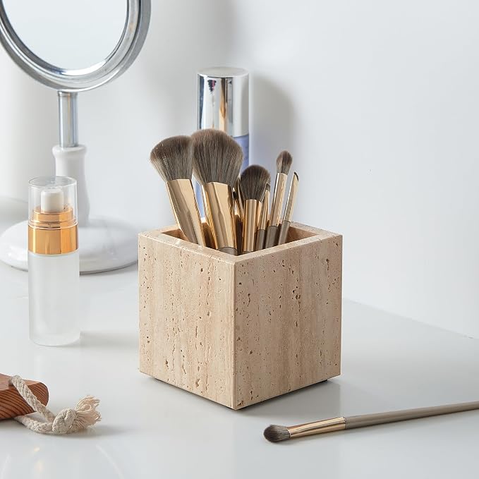 Real Luxurious Natural Marble Toothbrush Holder & Makeup Brush Organizer & Pen Holder for Desk,3.93inch Square Marble Utensil Holder Non-Ceramic/Non-Resin （Travertine）