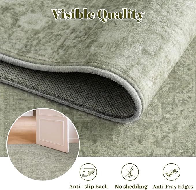 Homemate Washable Rug 3x5 Area Rugs - Vintage Faux Wool Rugs for Living Room Bedroom Dining Room - Non Slip Foldable Carpet Indoor Area Rug for Home Decor（3'x5', Green