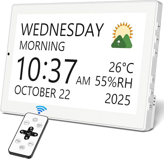 Mesqool 10.1" Large Digital Clock for Seniors with Date & Day, Easy-to-Read Calendar, Daily Reminders, Auto Dimming Display, Remote Control, Indoor Temperature & Humidity, Wall Mountable