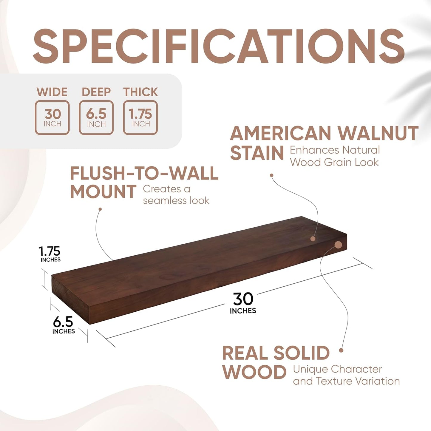 Homeforia 30inch Walnut Floating Shelves for Wall Mounted, High End Solid Real Wood 30 in Floating Shelf, Dark Brown Wooden 30 inch Long Floating Shelves, Heavy Duty Bracket, 30 X 6.5 X 1.75, Set of 2