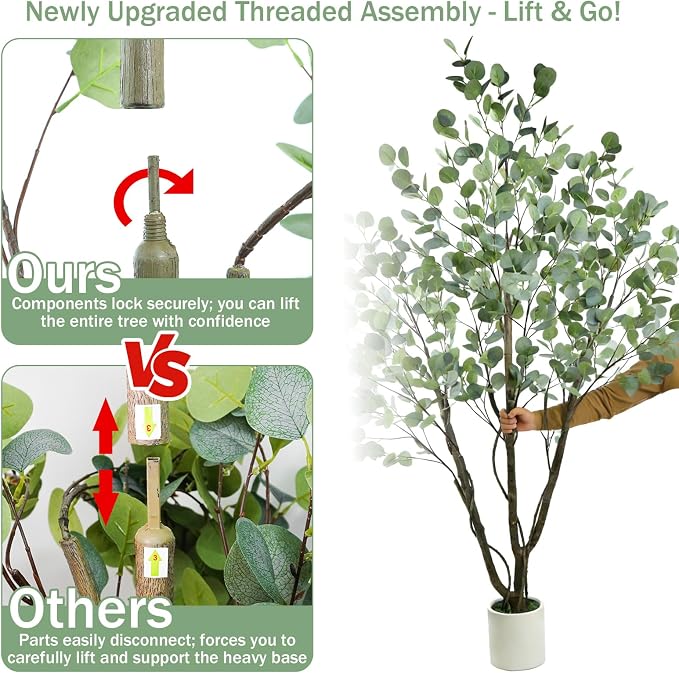 Caxchiling Large Artificial Eucalyptus Tree 6FT, Indoor Outdoor Faux Tree | Natural Trunk with White Planter for Home Office Living Room Front Door Decor
