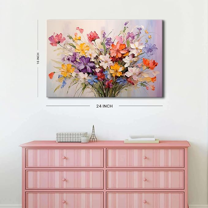 Floral Botanical Wall Art Wildflowers Bouquet Wall Decor for Bathroom Colorful Daisy Poppy Oil Painting Style Canvas Print Aesthetic Flower Picture Blossom Plants Artwork Bedroom Home Decoration