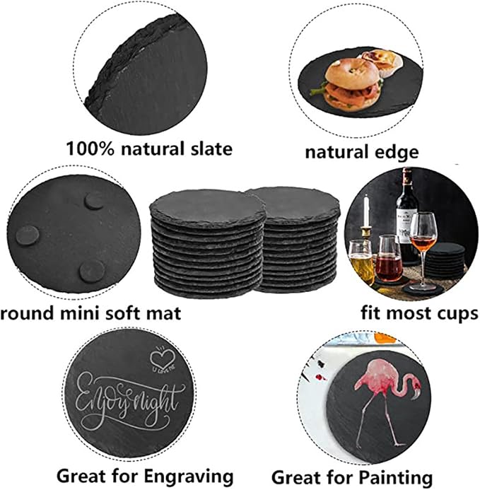 40 Pack Slate Drink Coasters Set, 4 Inch Black Slate Stone Coasters Bulk Laser Engraving Blanks with Anti-Scratch Bottom for Drink Coffee Bar Kitchen Home Decor(20 Round & 20 Square)