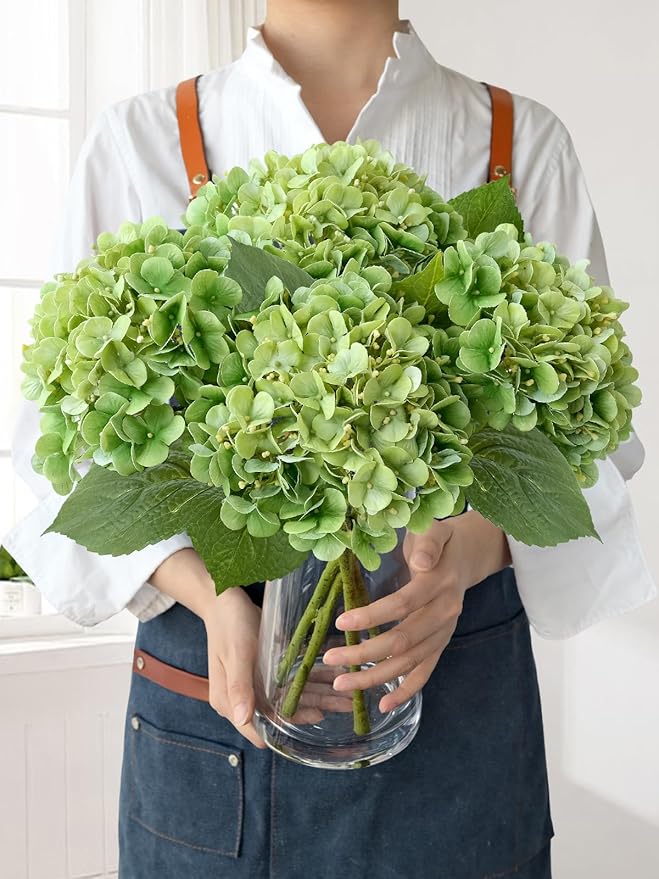JINWOE Light Green Artificial Hydrangeas, 4Pcs 20" Real Touch Silk Flowers,Lifelike Hydrangeas Stems Faux Flowers for Bouquet Table Centerpieces Indoor Spring Outdoor Home
