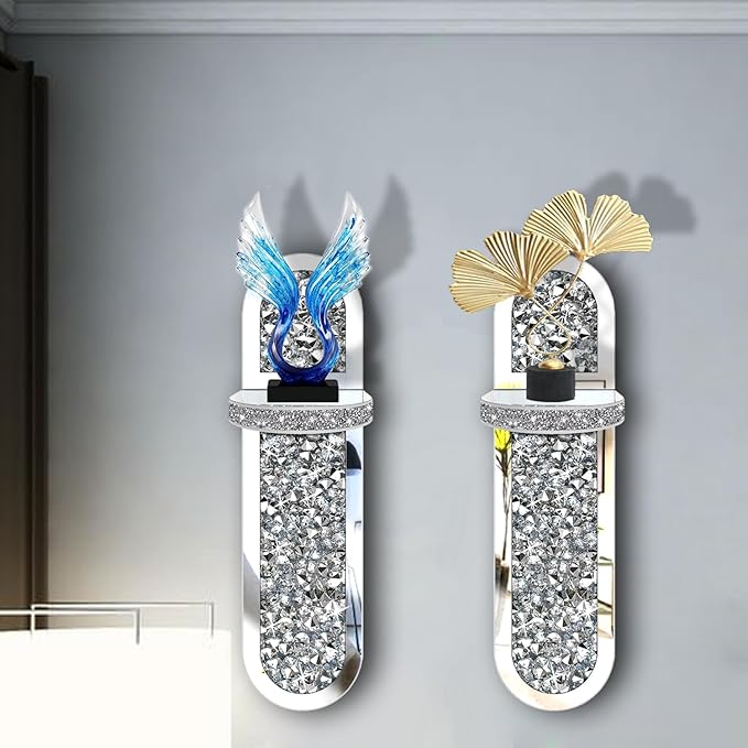 ZOLAPI Set of 2 Crystal Crush Diamond Candle Sconces, Gorgeous Silver Mirrored Wall Sconce,Oval Candle Holder Glass Wall Decorations for Home Décor, Living Room, Dining Room.