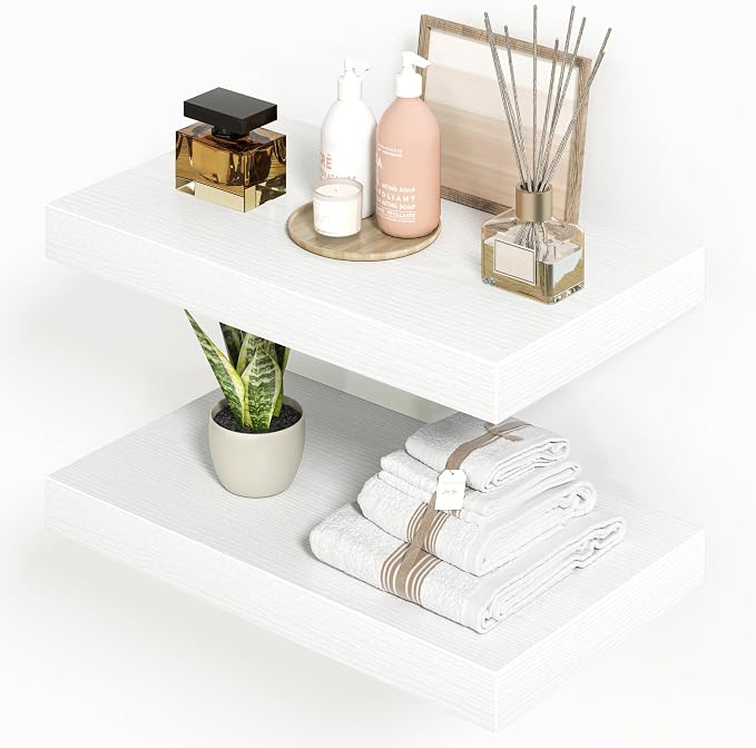 Heimlove 16 inchs Floating Shelves for Wall Set of 2,White Shelf for Small Bathroom,Bedroom,Living Room,Kitchen,Modern Home Decor,Rustic Farmhouse Wall Shelves with Invisible Brackets