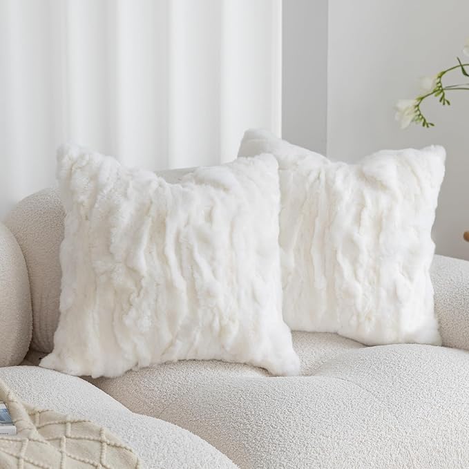 Genuine Rabbit Fur Throw Pillow Covers Set of 2,Luxury Decorative Pillowcases Soft Fluffy Animal Skin Accents Square Cushion Cover for Couch Sofa Bedroom Living Room Home,18x18 inch,White