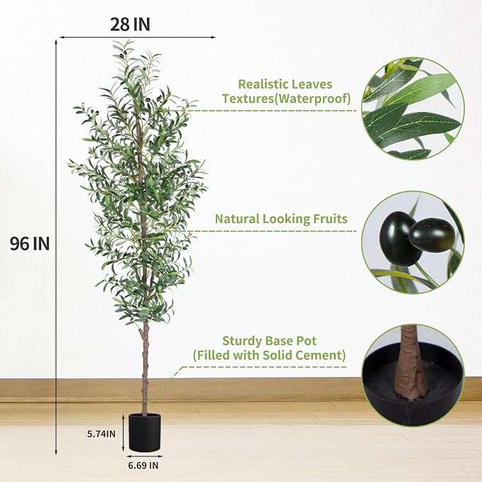 Faux Olive Tree, 8 Feet, 2-Pack | 1574 Leaves, 48 Fruits, Realistic Trunk, Indoor & Outdoor Use