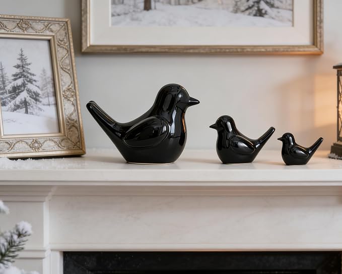 Small Black Bird Statue Ceramic 2-Piece Set, 3¾ inch Cute Knick Knack for Home Office Shelf Desk Decor