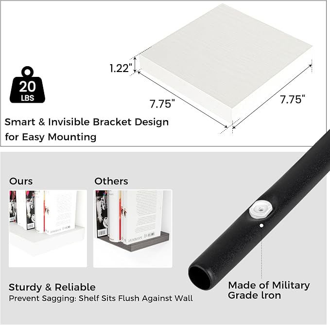 Venusmiles 8"x8" Square Floating Shelves for Wall, White Finish, 3-Pack | Engineered Wood Wall Shelves with Invisible Brackets for Living Room, Bedroom, Bathroom, Office & Kitchen Storage