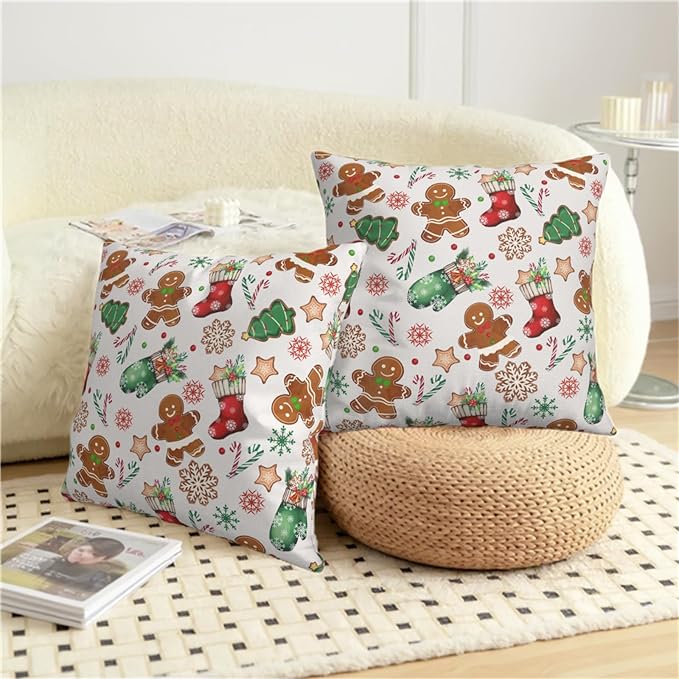 Christmas Pillow Covers 18x18 Set of 2 Gingerbread Man Throw Pillow Covers Xmas Tree Socks Gloves Snowflakes Pillow Case for Holiday Decor Couch Sofa