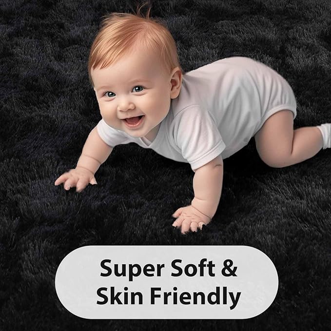 FinRèc Soft Black Rugs for Bedroom Living Room, 3x5 Feet Modern Indoor Fluffy Shaggy Area Rug, Non-Slip Fuzzy Furry Rug for Nursery Kids Room Dorm Room Home Decor, High Pile Plush Floor Carpet